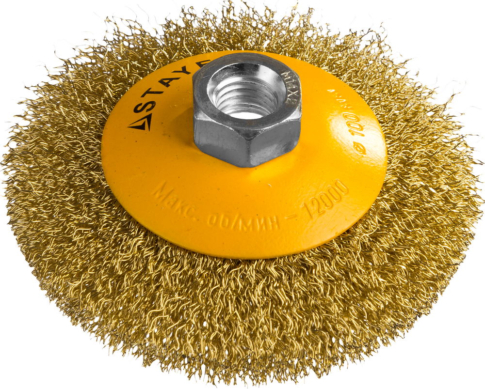 

Кордщетка STAYER, тарелка 100мм для УШМ гофрированная латунированная сталь (PROFESSIONAL 35133-100)