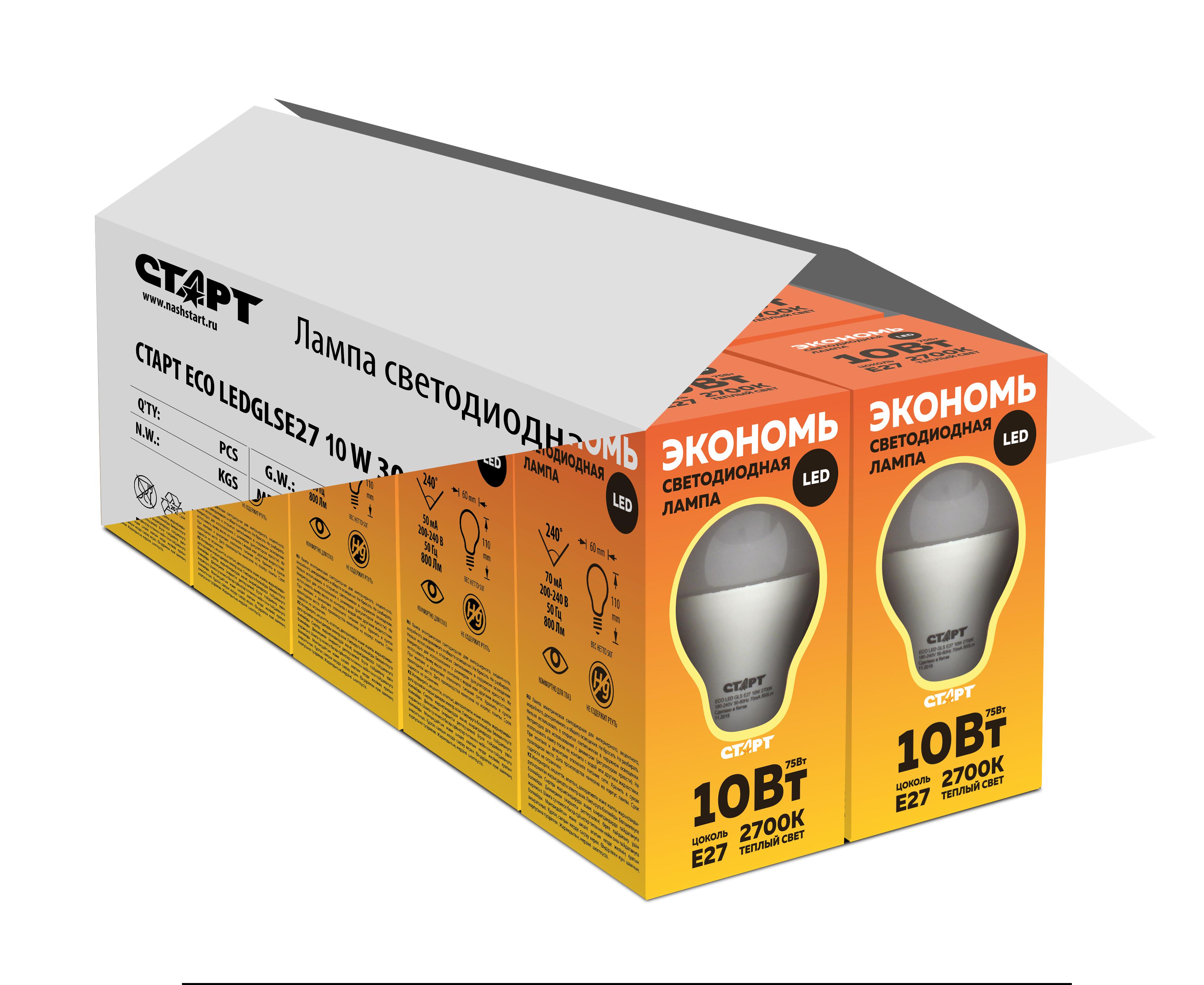 

Лампа светодиодная СТАРТ, ECO LEDGLS E27 10W 2700К тепл свет. ПРОМОНАБОР