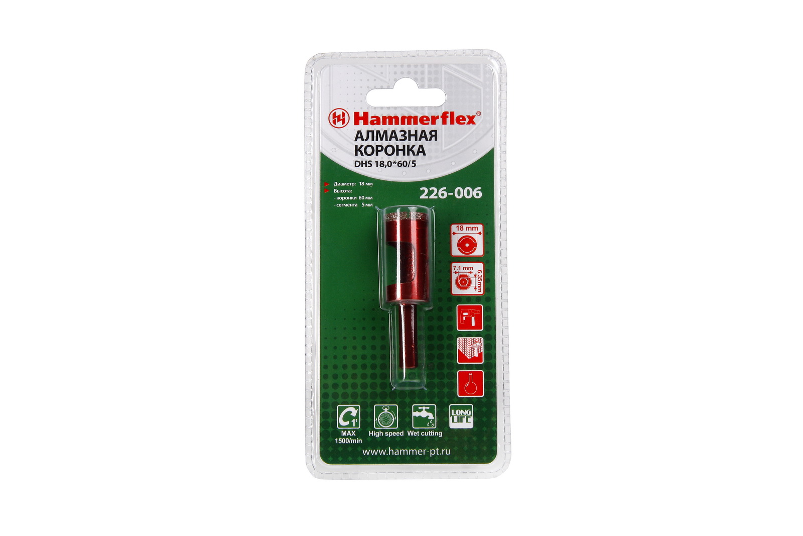 

Коронка алмазная HAMMER, Ф18мм HEX (DHS 18.0*60/5)