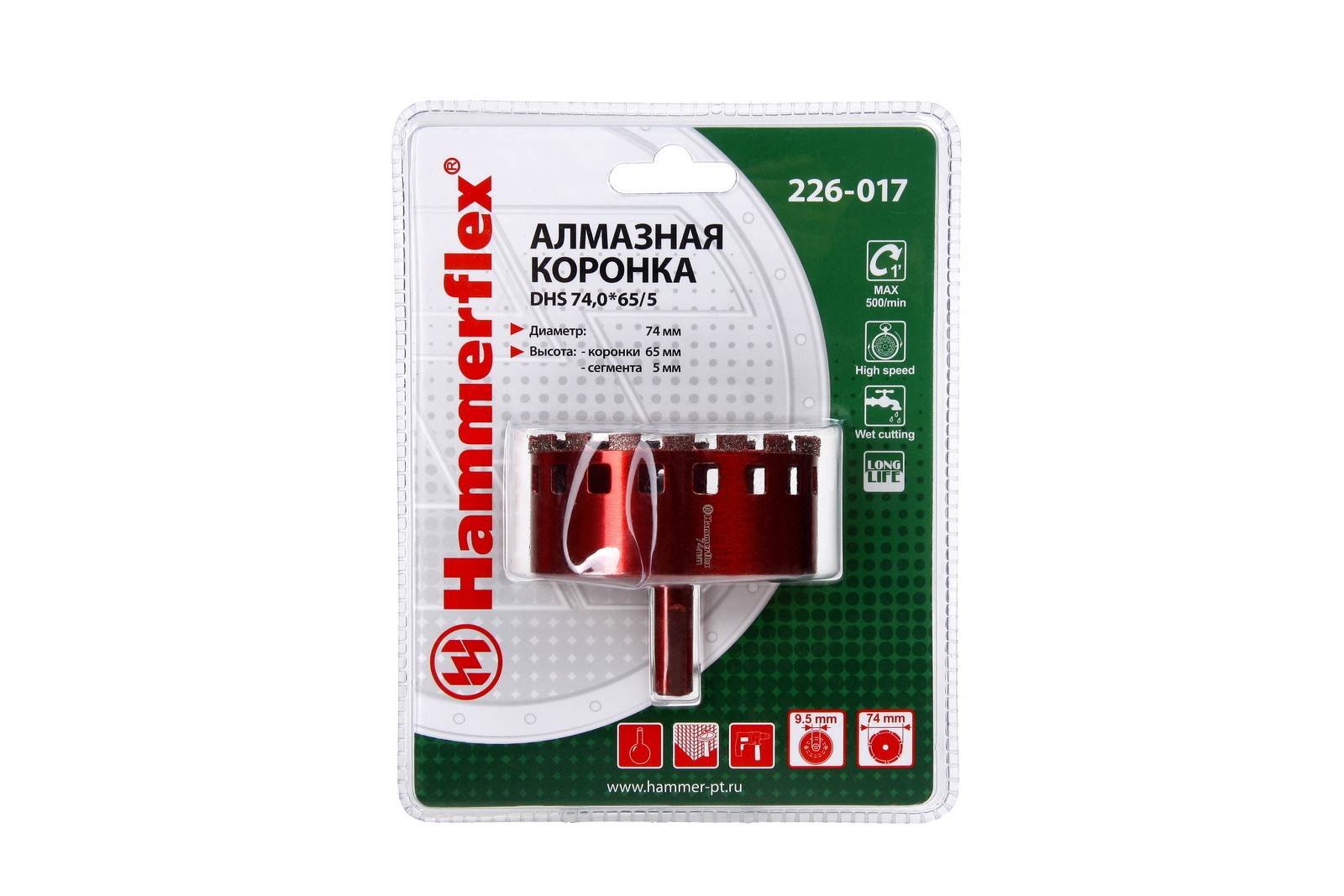 

Коронка алмазная HAMMER, Ф74мм HEX (DHS 74.0*65/5)