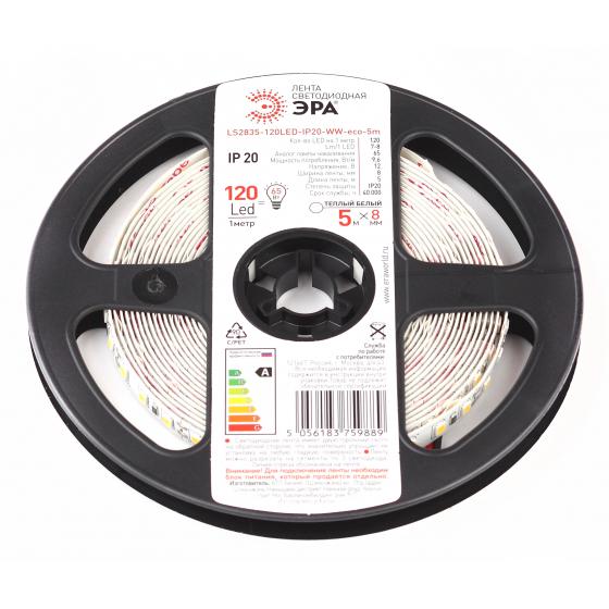 

Лента светодиодная ЭРА, Теплый белый, LS2835-120LED-IP20-WW-eco-5m Б0035596