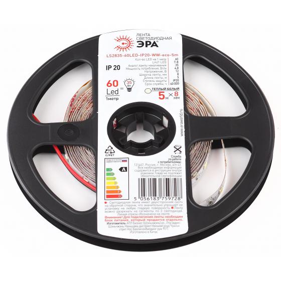 

Лента светодиодная ЭРА, Теплый белый, LS2835-60LED-IP20-WW-eco-5m Б0035587