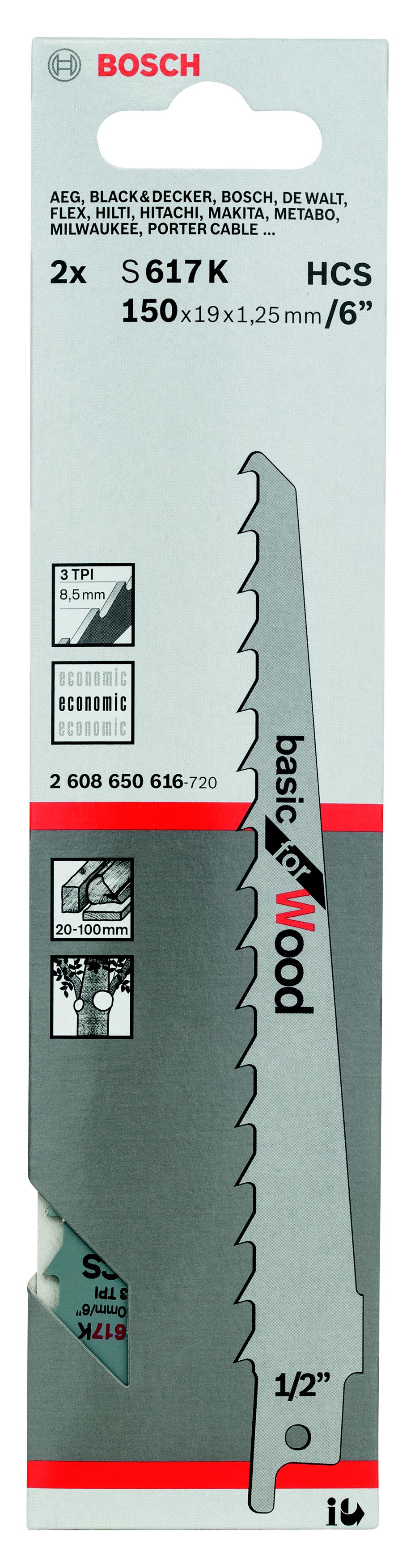 

Полотно для сабельной пилы BOSCH, 150мм, TPI 3, HCS, 2шт/уп (S 617 K 2608650616)