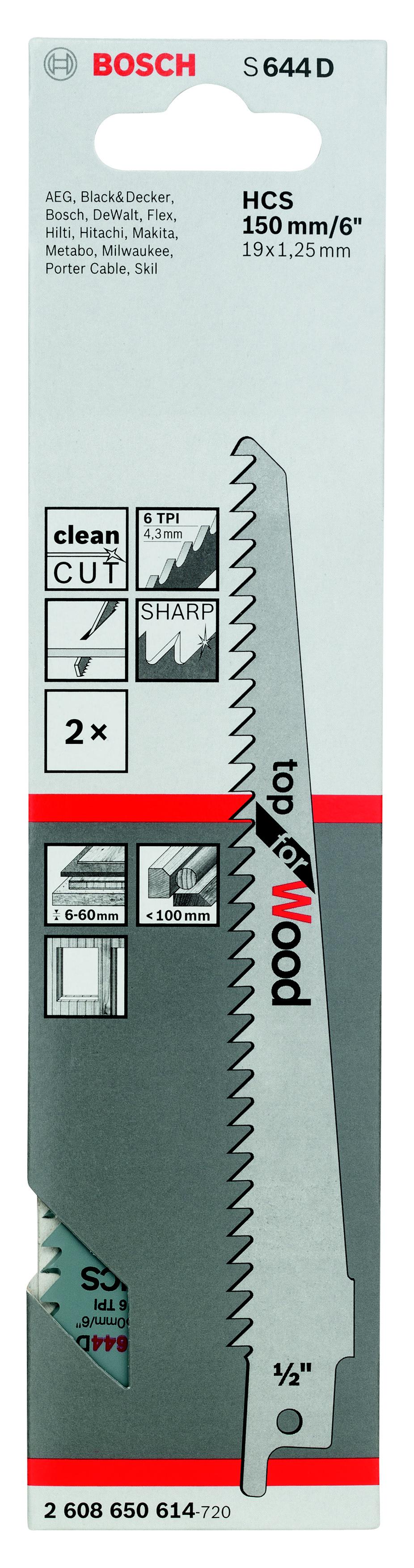 

Полотно для сабельной пилы BOSCH, 150мм, TPI 6, HCS, 2шт/уп (S 644 D 2608650614)