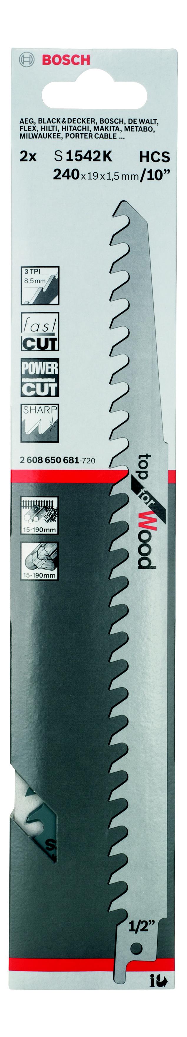 

Полотно для сабельной пилы BOSCH, 240мм, TPI 3, HCS, 2шт/уп (S 1542 K 2608650681)