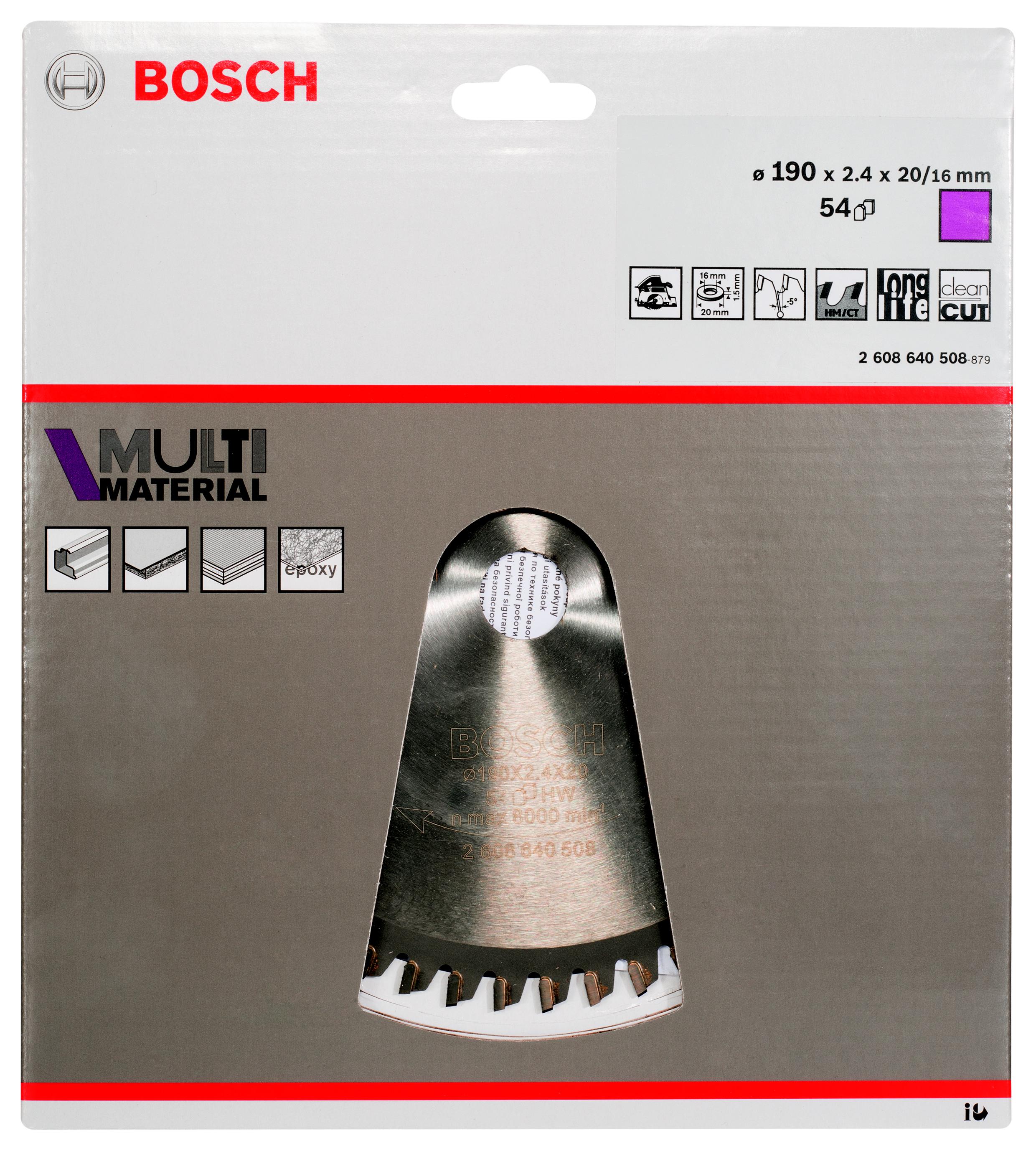 

Диск пильный твердосплавный BOSCH, Ф190х20мм 54зуб. (Multi Material 2608640508)