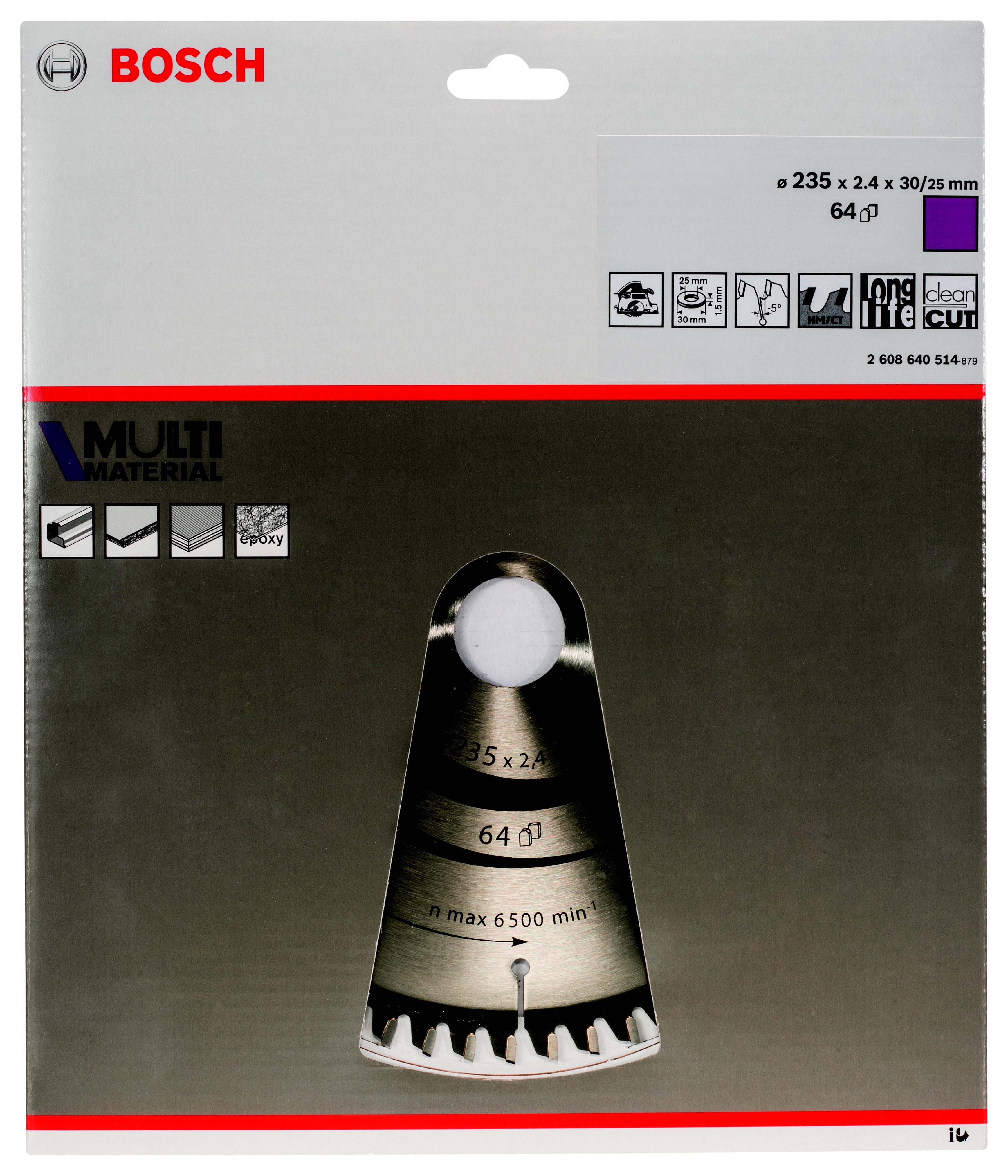 

Диск пильный твердосплавный BOSCH, Ф235х30мм 64зуб. (Multi Material 2608640514)