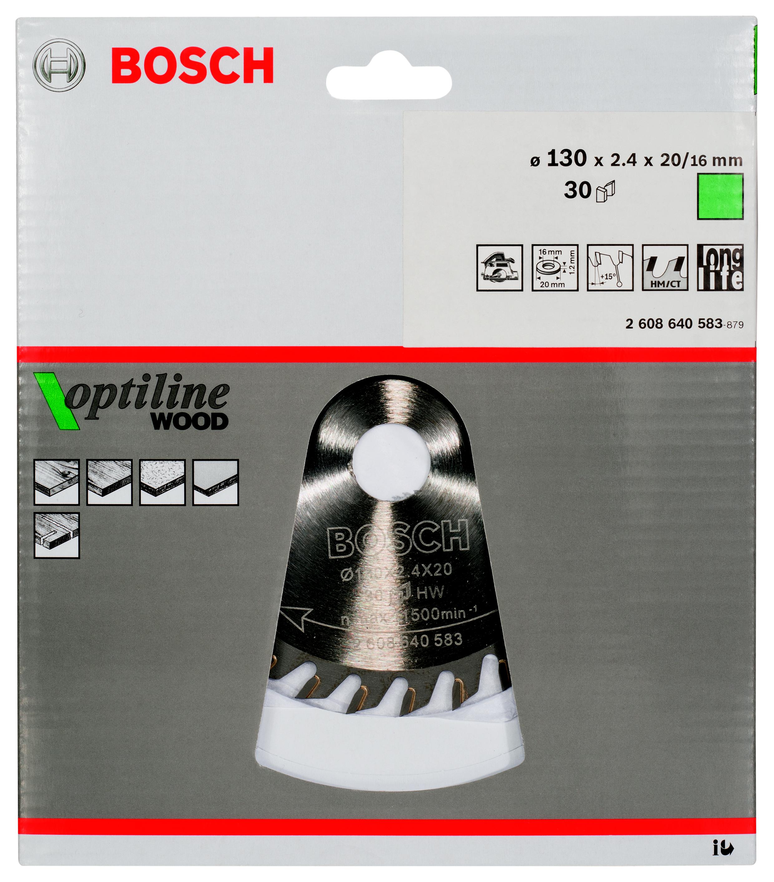

Диск пильный твердосплавный BOSCH, Ф130х20мм 30зуб. (Optiline Wood 2608640583)