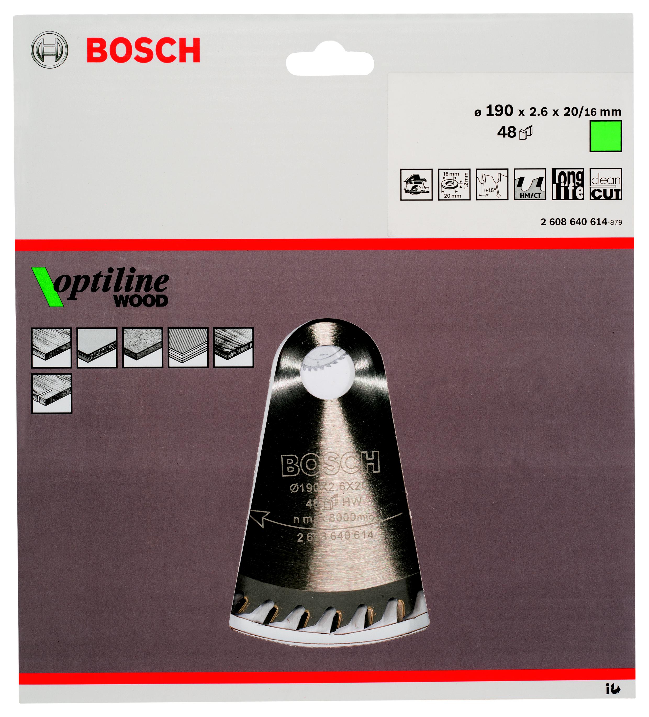 

Диск пильный твердосплавный BOSCH, Ф190х20мм 48зуб. (Optiline Wood 2608640614)