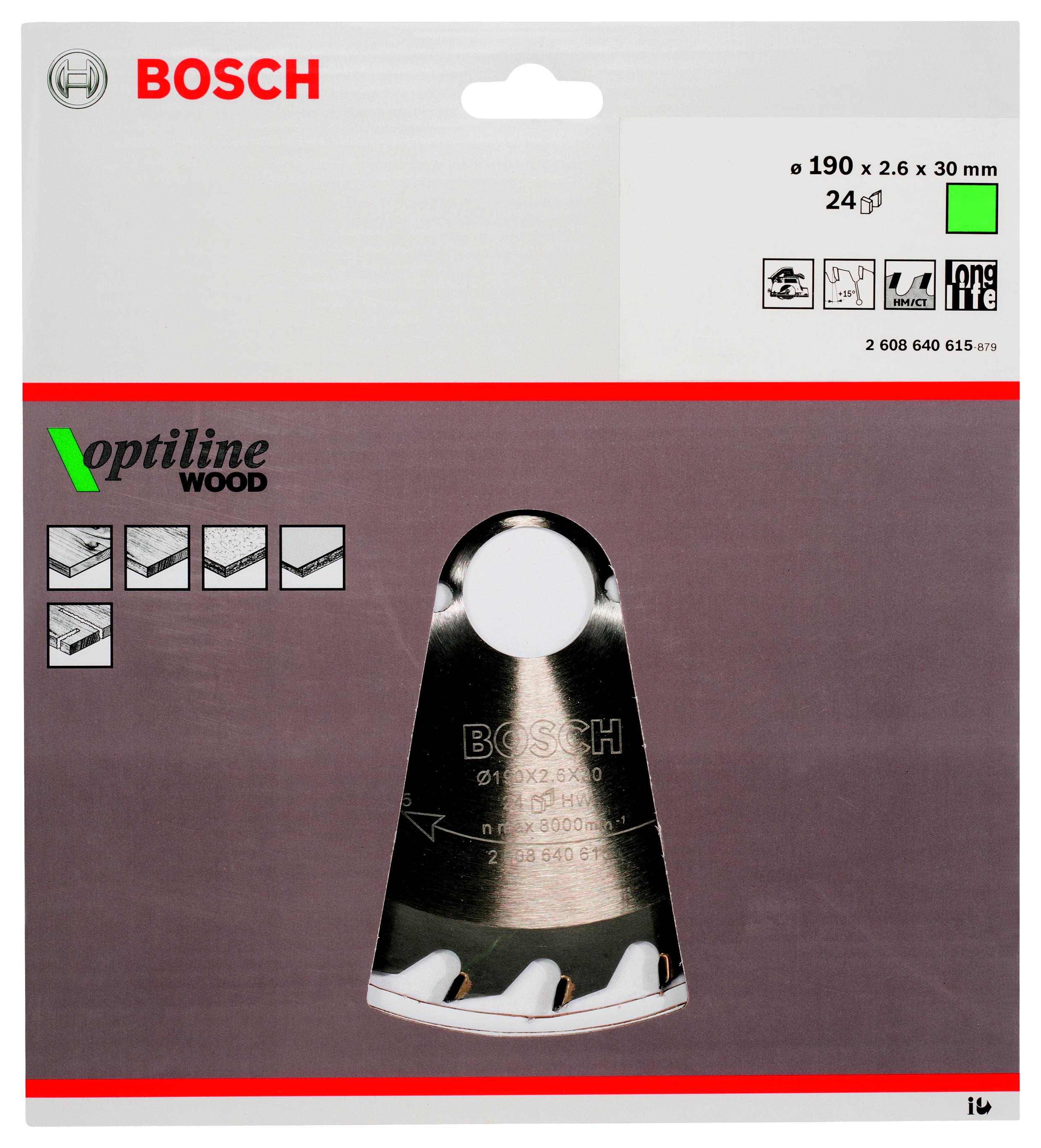 

Диск пильный твердосплавный BOSCH, Ф190х30мм 24зуб. (Optiline Wood 2608640615)
