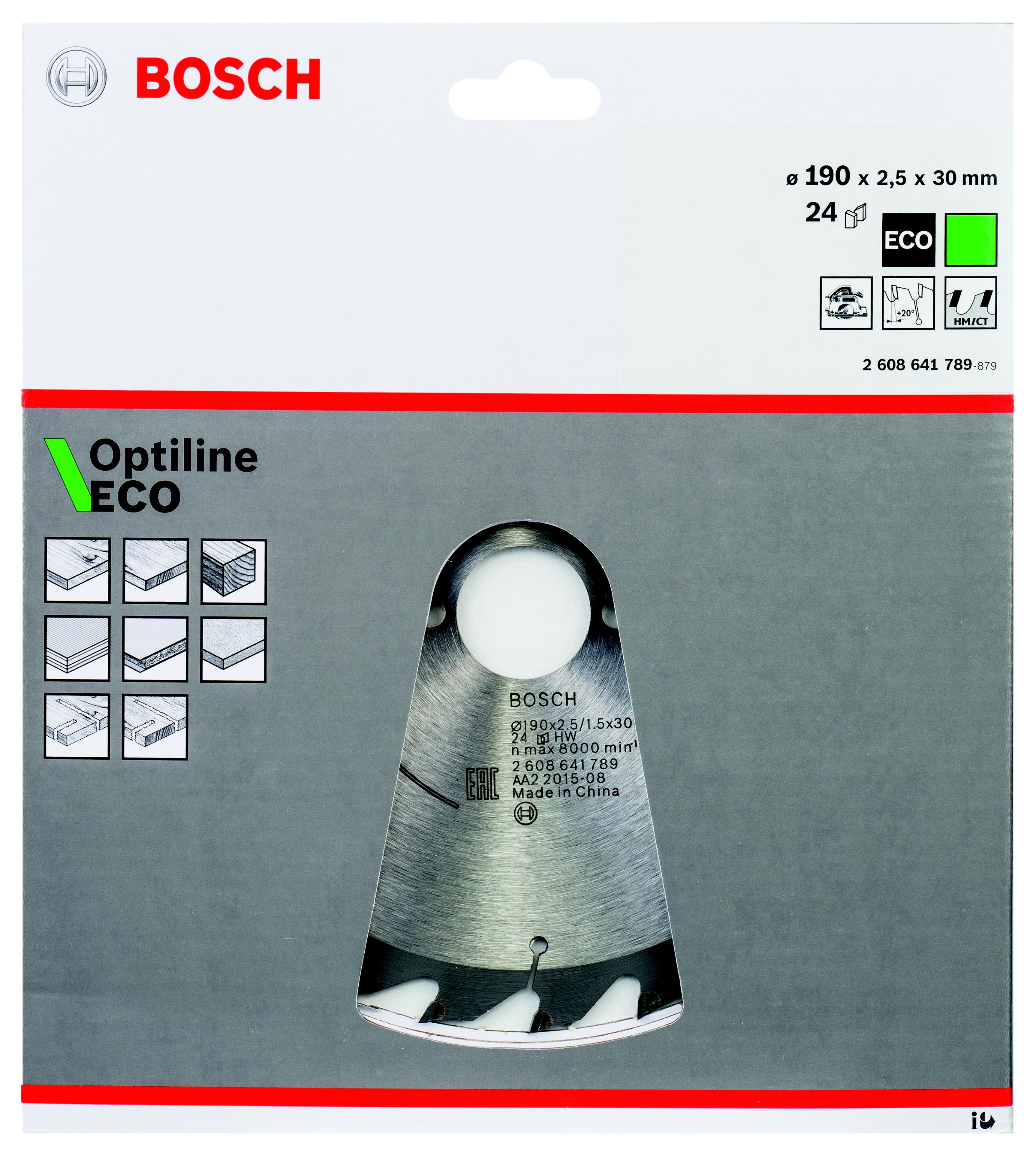 

Диск пильный твердосплавный BOSCH, Ф190х30мм 24зуб. (Optiline ECO 2608641789)