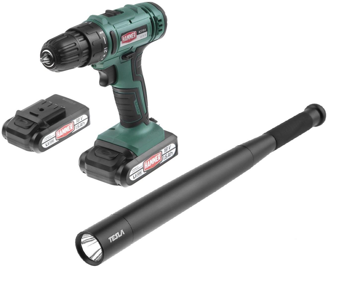 

Набор HAMMER, Дрель аккумуляторная ACD18A +Фонарь LB-40 33х400 мм