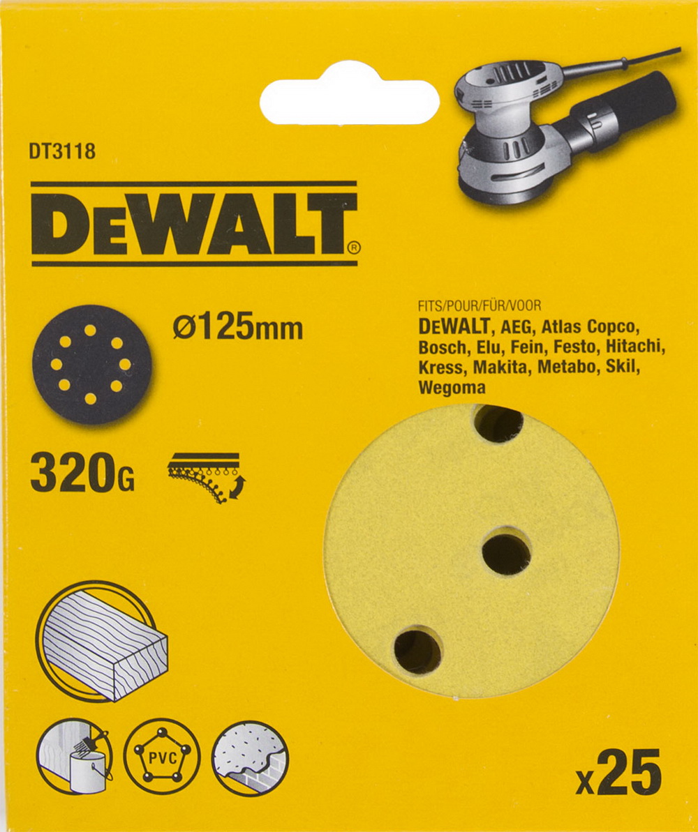 

Круг шлиф. самосцепляющийся Dewalt 125мм p320 8отв, 125мм p320 8отв.
