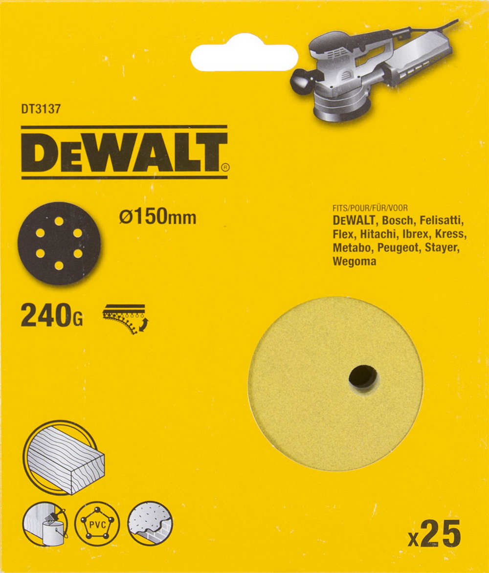 

Круг шлиф. самосцепляющийся Dewalt 150мм p240 6отв, 150мм p240 6отв.