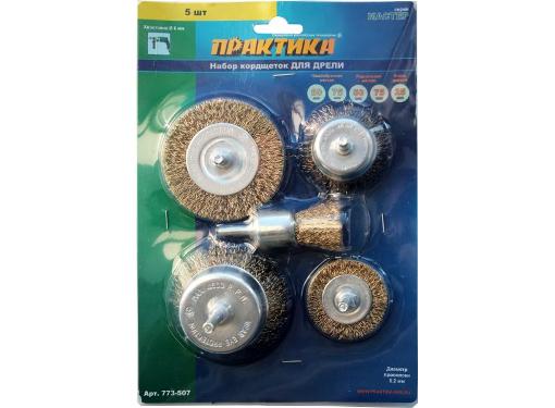 Изображение товара Набор кордщеток ПРАКТИКА 5шт. для дрели гофрированная латунированная сталь (773-507)