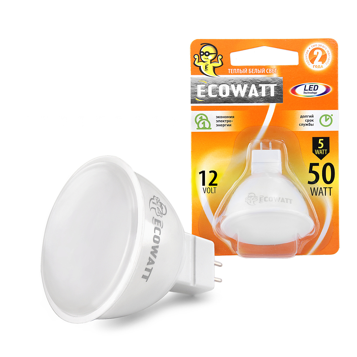 Лампа светодиодная Ecowatt MR16 12В 5(50)W 3000K GU5.3 - цена, фото -  купить в Москве, СПб и РФ