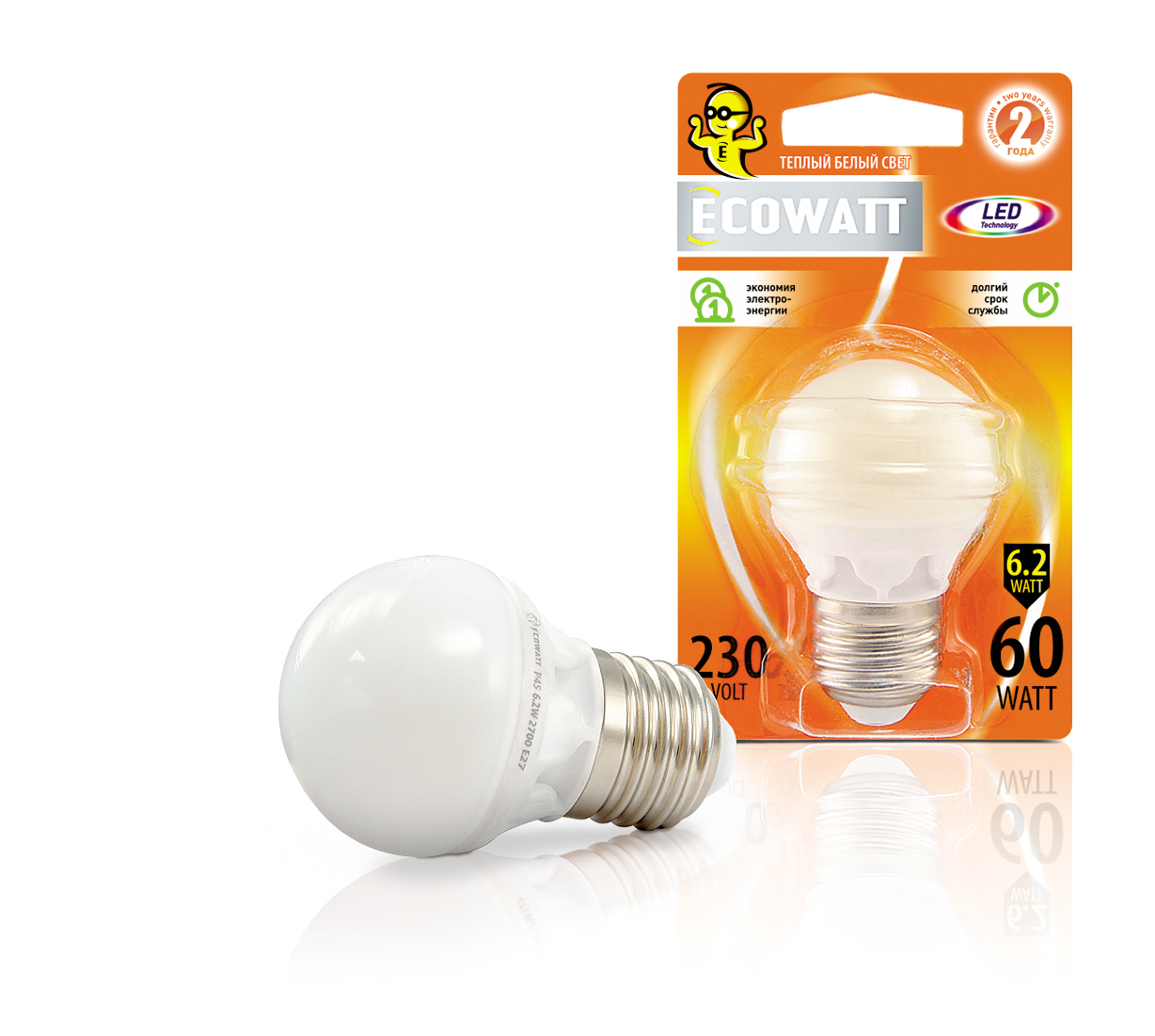 

Лампа светодиодная Ecowatt P45 230В 7(60)w 2700k e27