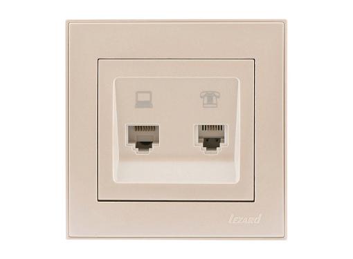 Изображение товара Розетка компьютерная и телефонная LEZARD Rain 703-3030-143 жемчужно-белая