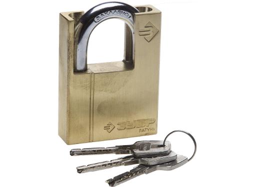 Изображение товара Навесной латунный замок ЗУБР 37297-60 с закаленной дужкой и цилиндровым механизмом