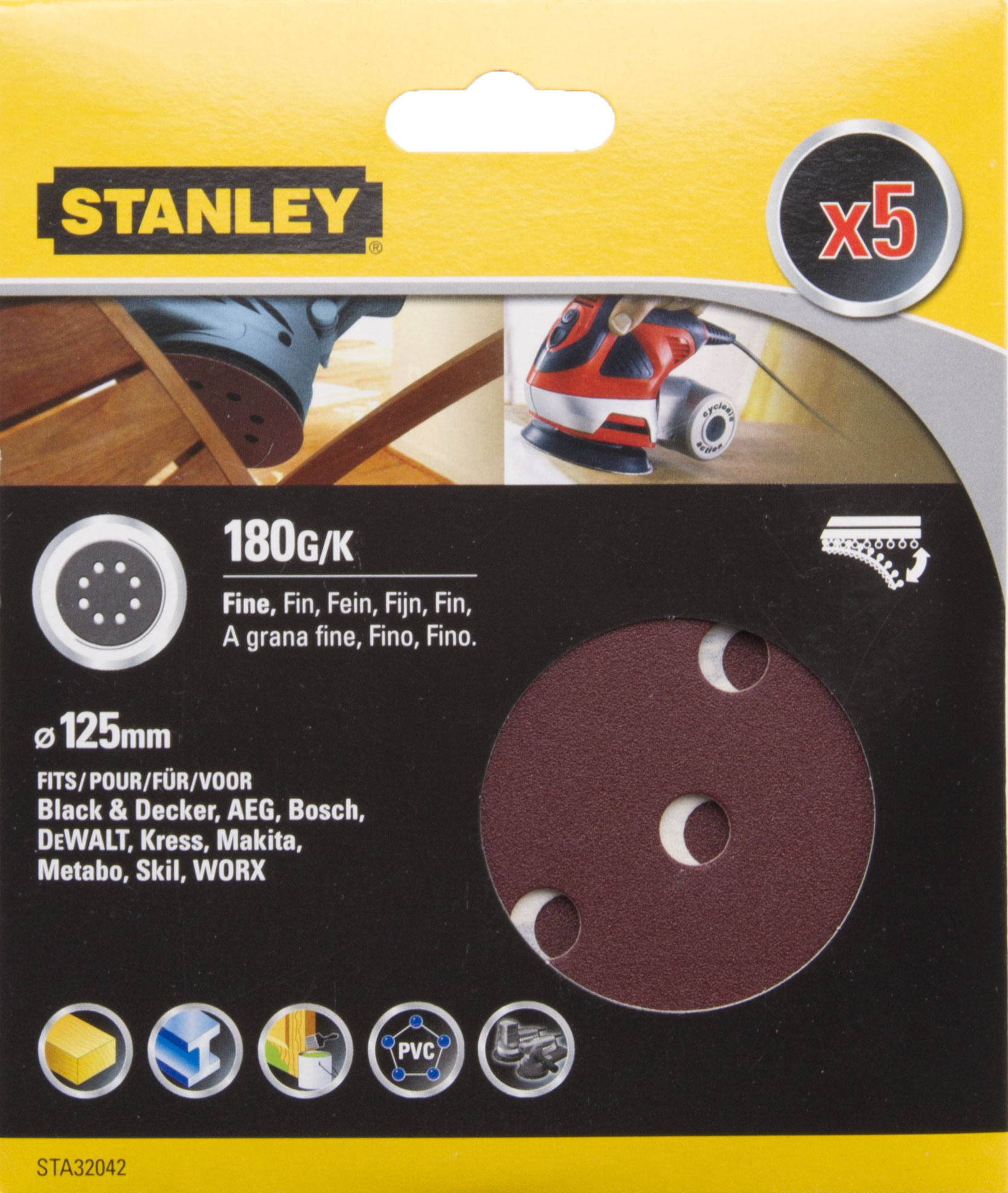 

Круг шлиф. самосцепляющийся Stanley 125мм p180 8отв.