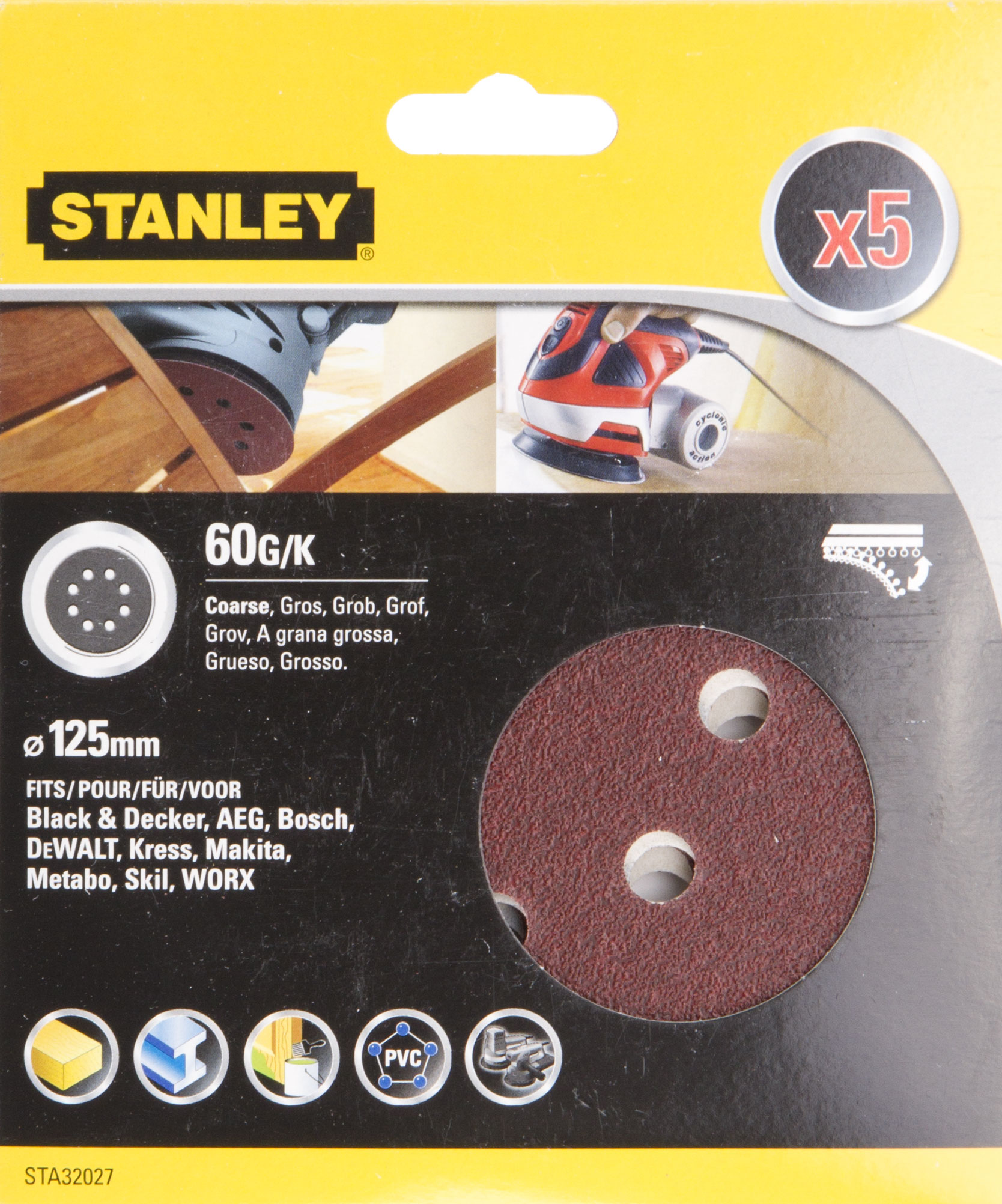 

Круг шлиф. самосцепляющийся Stanley 125мм p60 8отв.