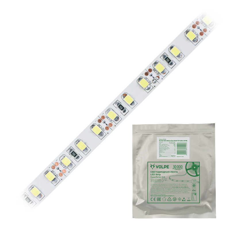 

Лента светодиодная Volpe Uls-q331 2835-120led/m-8mm-ip20-dc12v-9,6w/m-5m-dw