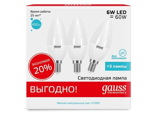 Изображение товара Светодиодная свеча лампа GAUSS 6W E14 4100K комплект 3 шт