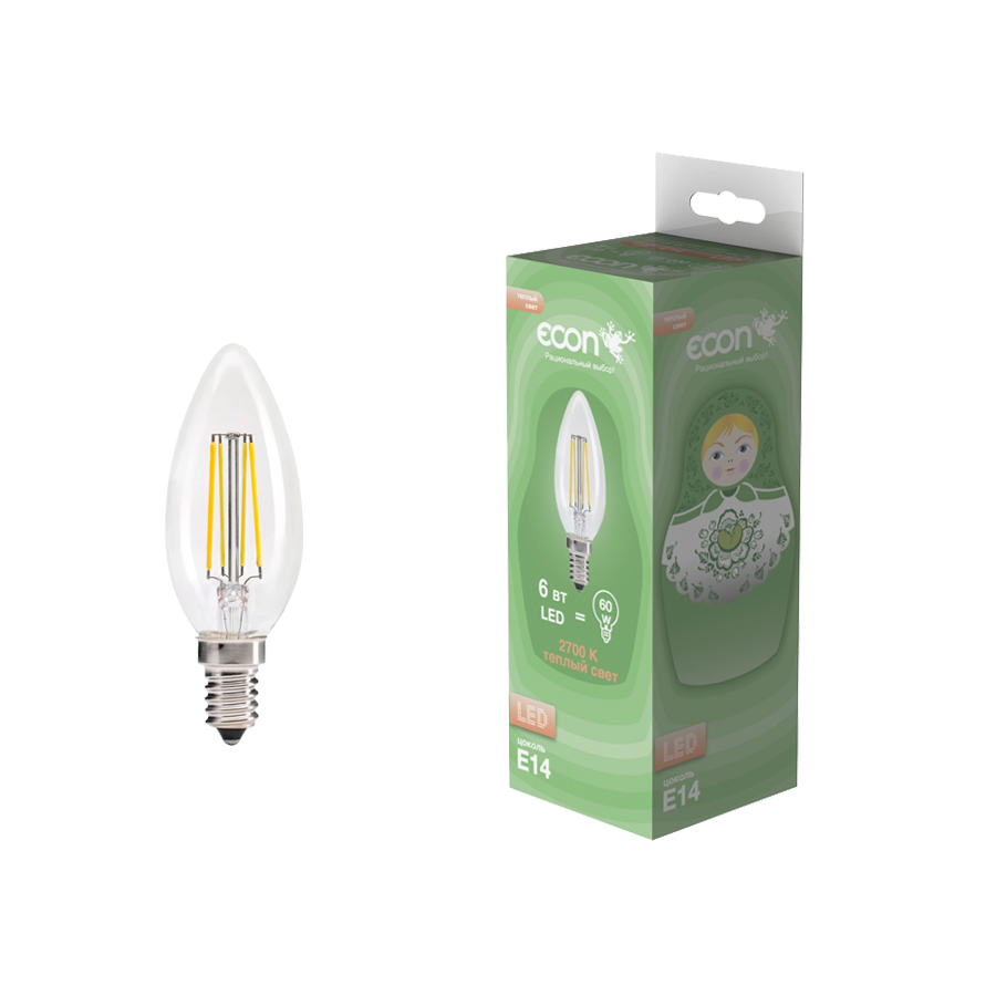 

Лампа светодиодная Econ Led cn 6 Вт e14 2700 b35 fil