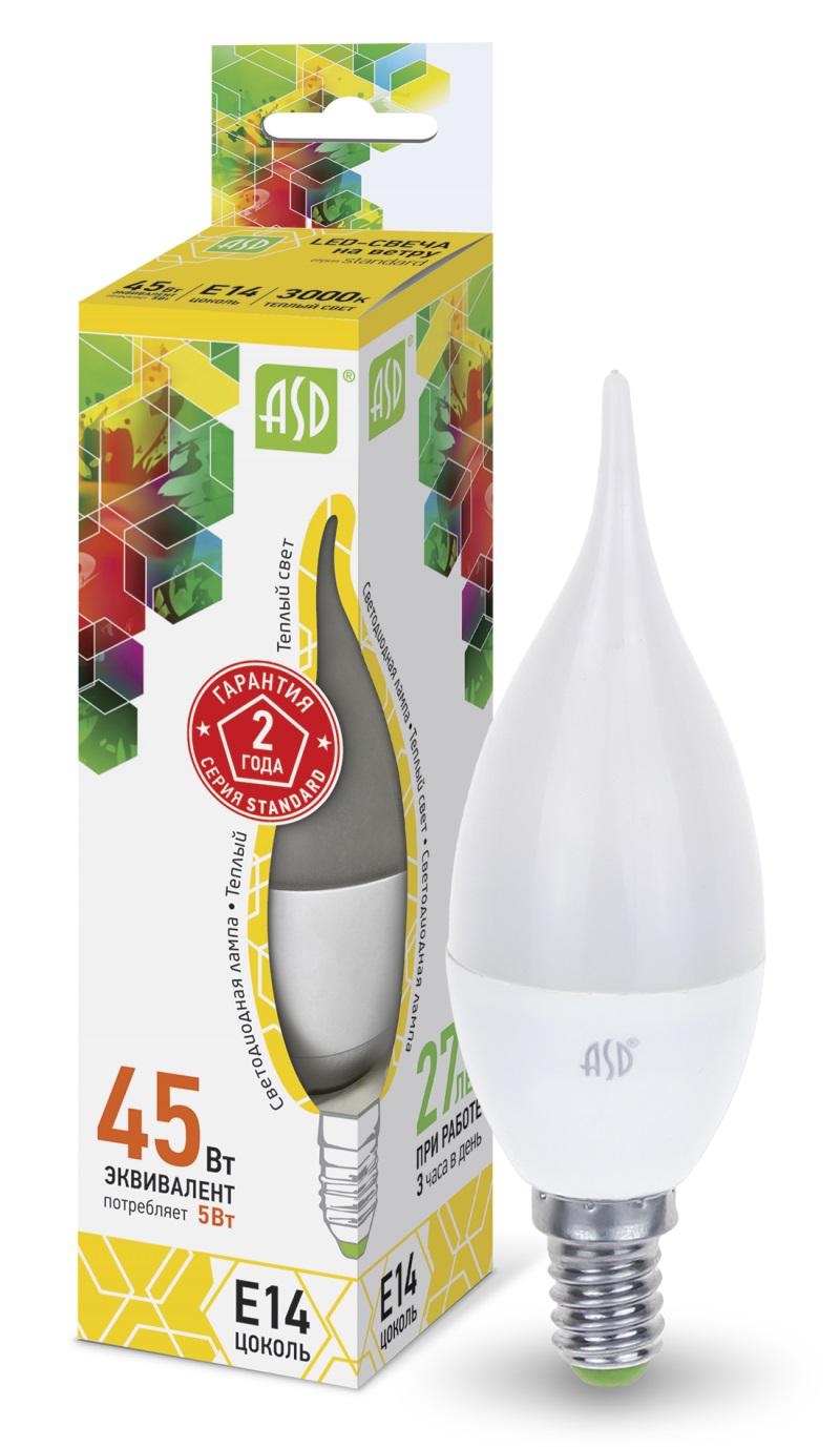 

Лампа светодиодная Asd Led-СВЕЧА НА ВЕТРУ-standard 5Вт 230В Е14 3000К