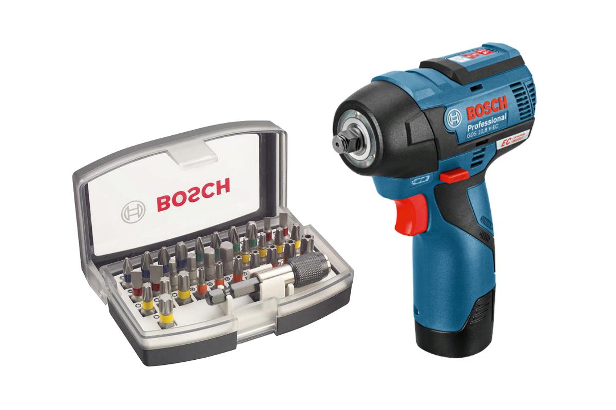 

Набор Bosch Гайковерт аккумуляторный gds 10.8 v-ec (0.601.9e0.101),Набор бит 2.607.017.319