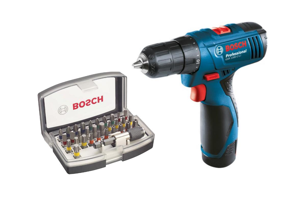 

Набор Bosch Дрель-шуруповерт gsb 1080 li-2 ударный (0.601.9f3.020),Набор бит 2.607.017.319