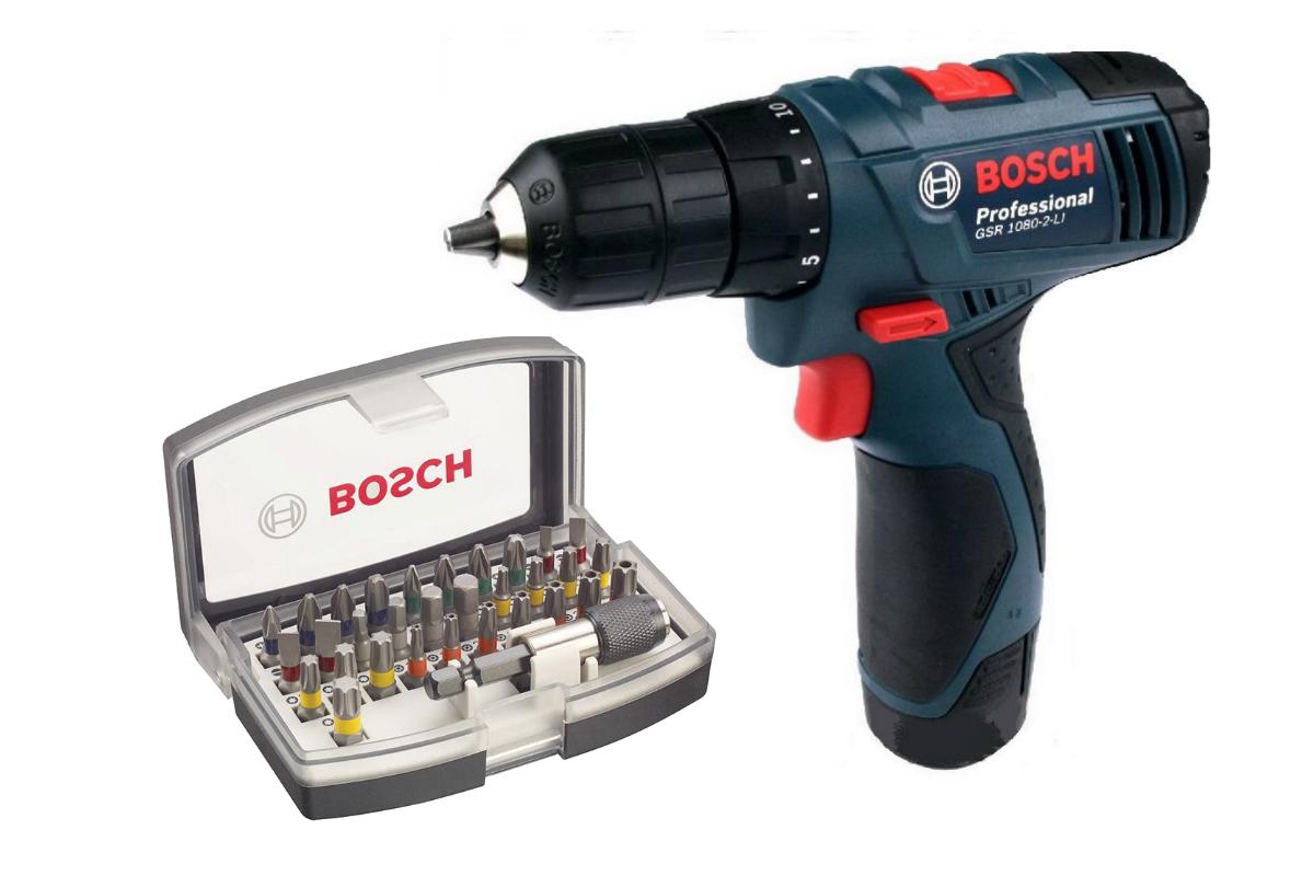 

Набор Bosch Дрель-шуруповерт gsr 1080-2-li (0.601.9e2.020),Набор бит 2.607.017.319