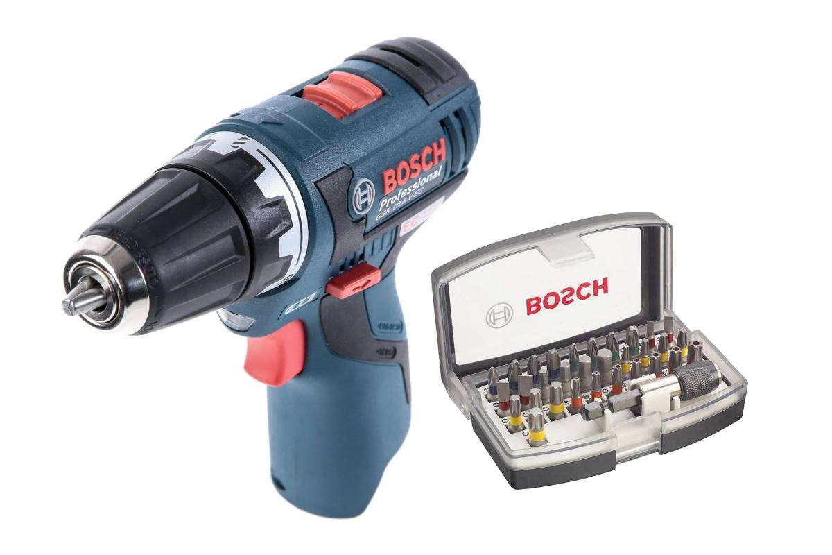 

Набор Bosch Дрель аккумуляторная gsr 10,8 v-ec БЕЗ АКК. и З/У (0.601.9d4.002),Набор бит 2.607.017.319