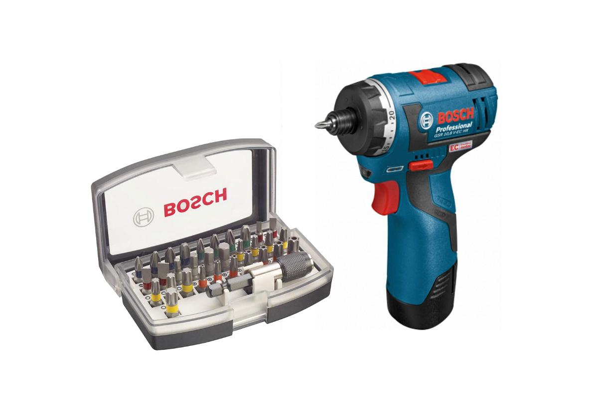 

Набор Bosch Шуруповерт аккумуляторный gsr 10.8 v-ec hx (0.601.9d4.100),Набор бит 2.607.017.319