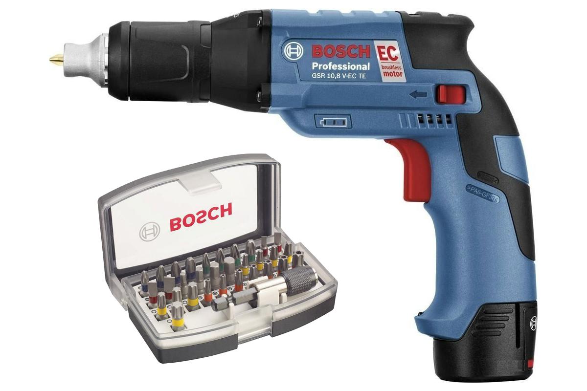 

Набор Bosch Шуруповерт аккумуляторный gsr 10.8 v-ec te (0.601.9e4.000),Набор бит 2.607.017.319