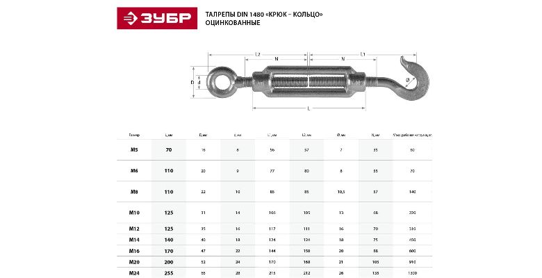Талреп ЗУБР крюк-кольцо M10 6 шт. (Профессионал 4-304355-10)