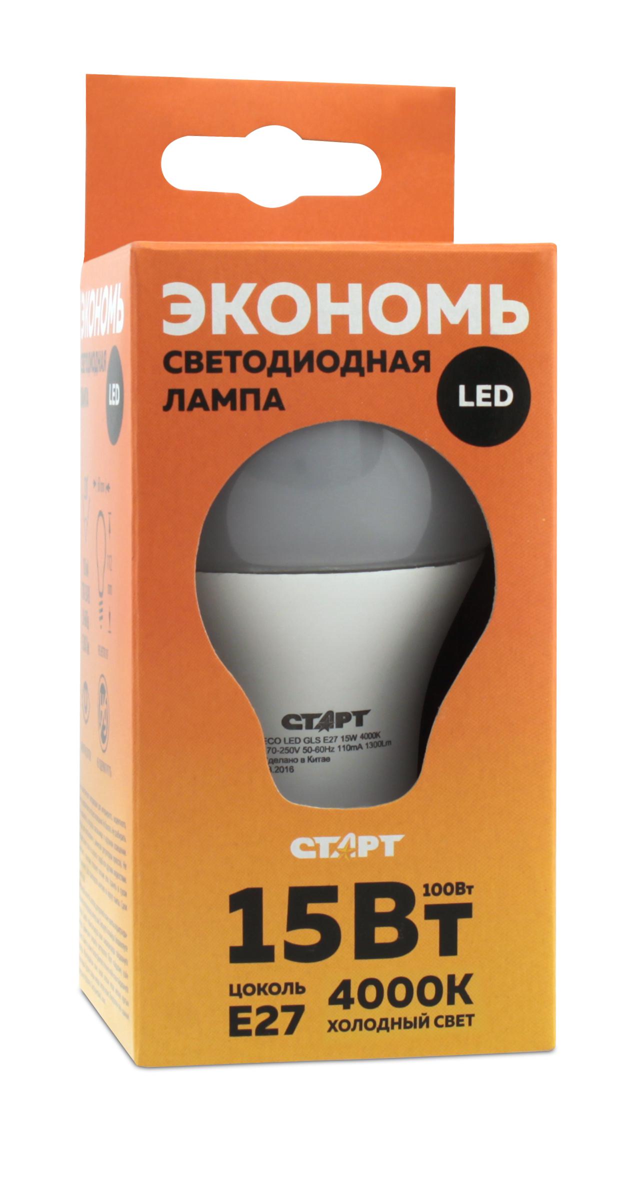 

Лампа светодиодная СТАРТ Eco ledgls e27 15w 4000К хол свет, Eco ledgls e27 15w 4000К хол свет