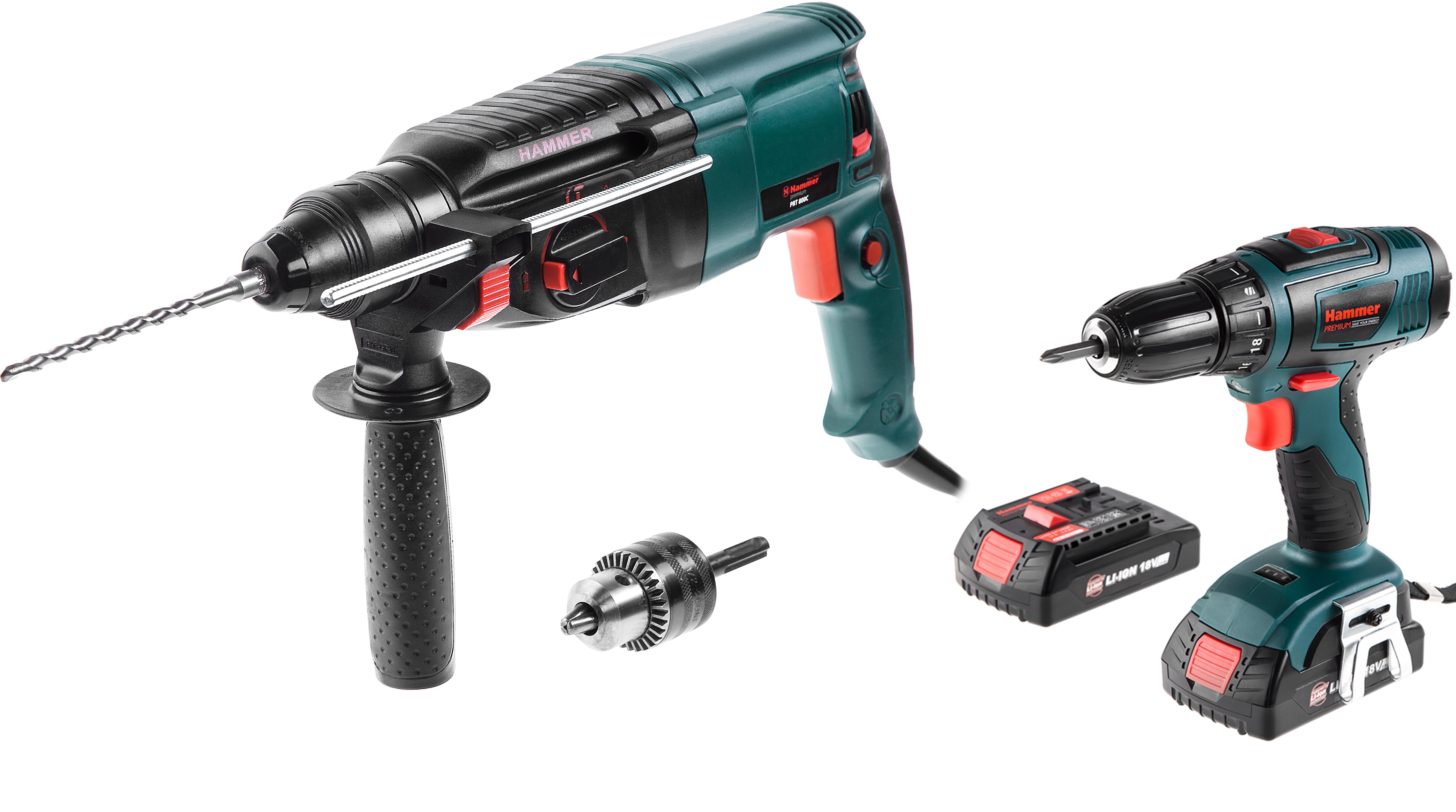 

Набор Hammer Перфоратор prt 800c premium +Дрель аккумуляторная acd185li 2.0 premium