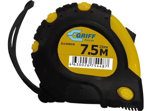 Изображение товара Рулетка GRIFF 7.5м х 25мм (7.5мх25мм с 3 фиксаторами, в обрезин. корпусе d135016)