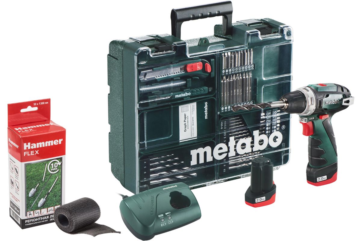 Набор Metabo Дрель-шуруповерт PowerMaxx BS Basic Set (600080880) +Лента  ремонтная 240-001 - цена, отзывы, фото - купить в Москве, СПб и РФ