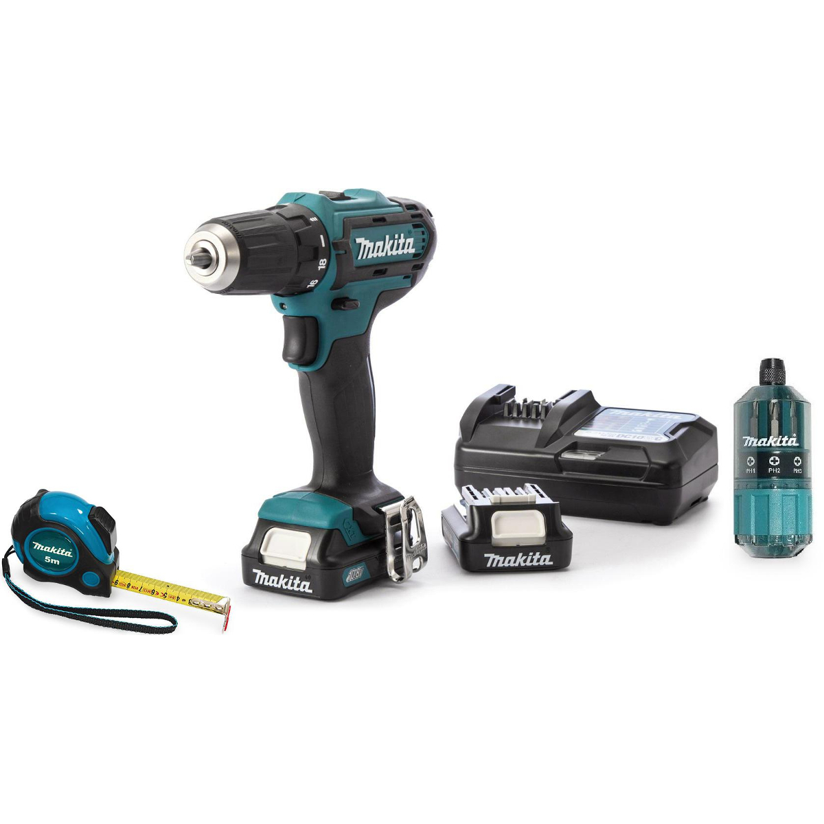 дрель-шуруповерт makita df333dwye 12 в. дрель-шуруповерт makita df333dwye4 12 в. измерительная рулетка makita pgc-80520 5 м. макита 12 вольт линейка. дрель аккумуляторная макита df 333 dwye.