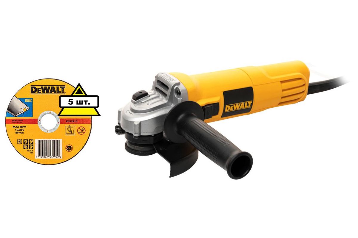 Набор Dewalt УШМ (болгарка) DWE4119-KS +Круг отрезной 125х1.2х22 DT42340ZQZ  5шт. - цена, отзывы, фото и инструкция - купить в Москве, СПб и РФ