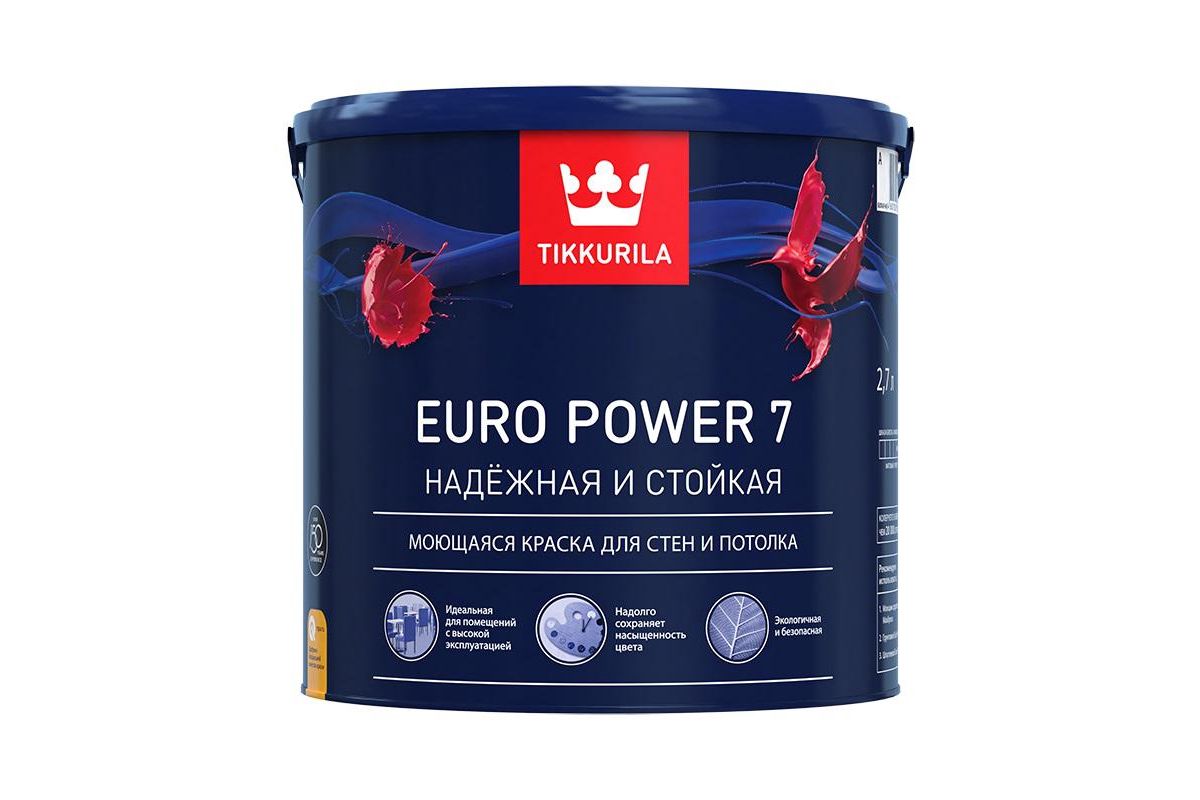 Краска Tikkurila EURO POWER 7 база A бесцветная 2,7 л - цена, фото - купить  в Москве, СПб и РФ