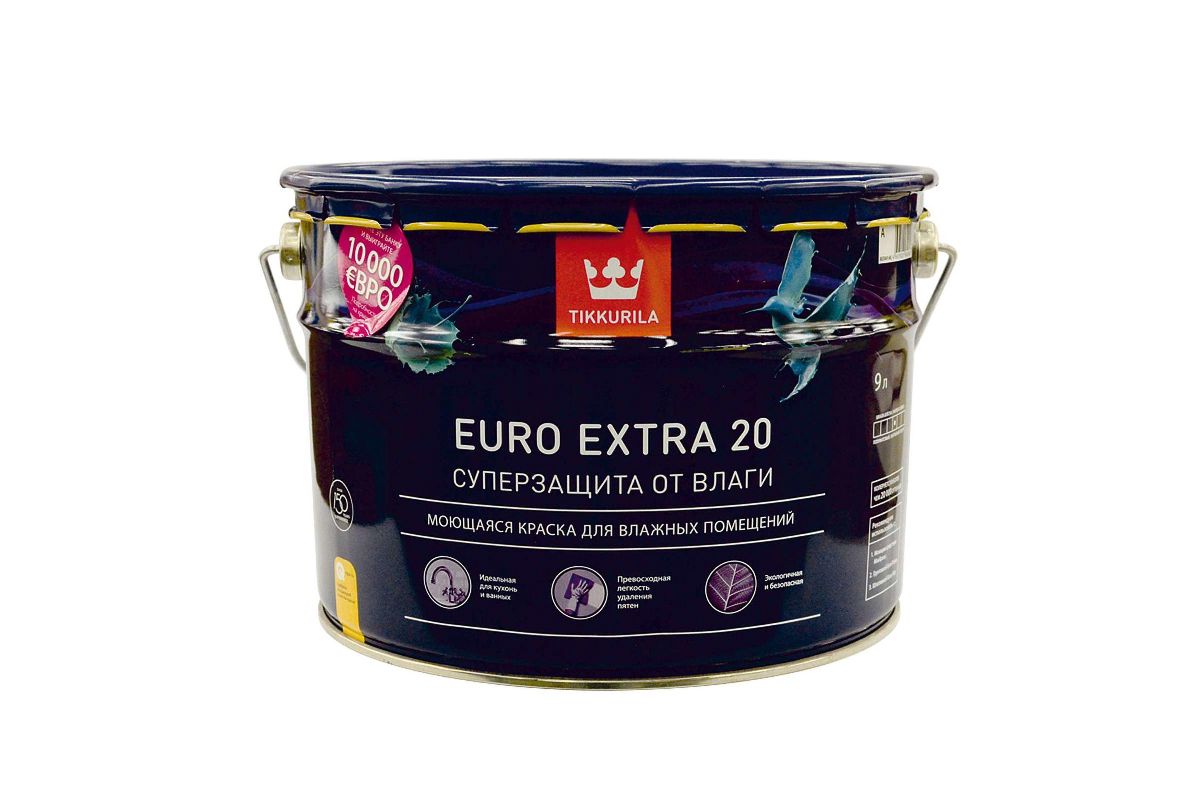 Краска Tikkurila EURO EXTRA 20 база A белая 9 л - цена, фото и инструкция -  купить в Москве, СПб и РФ