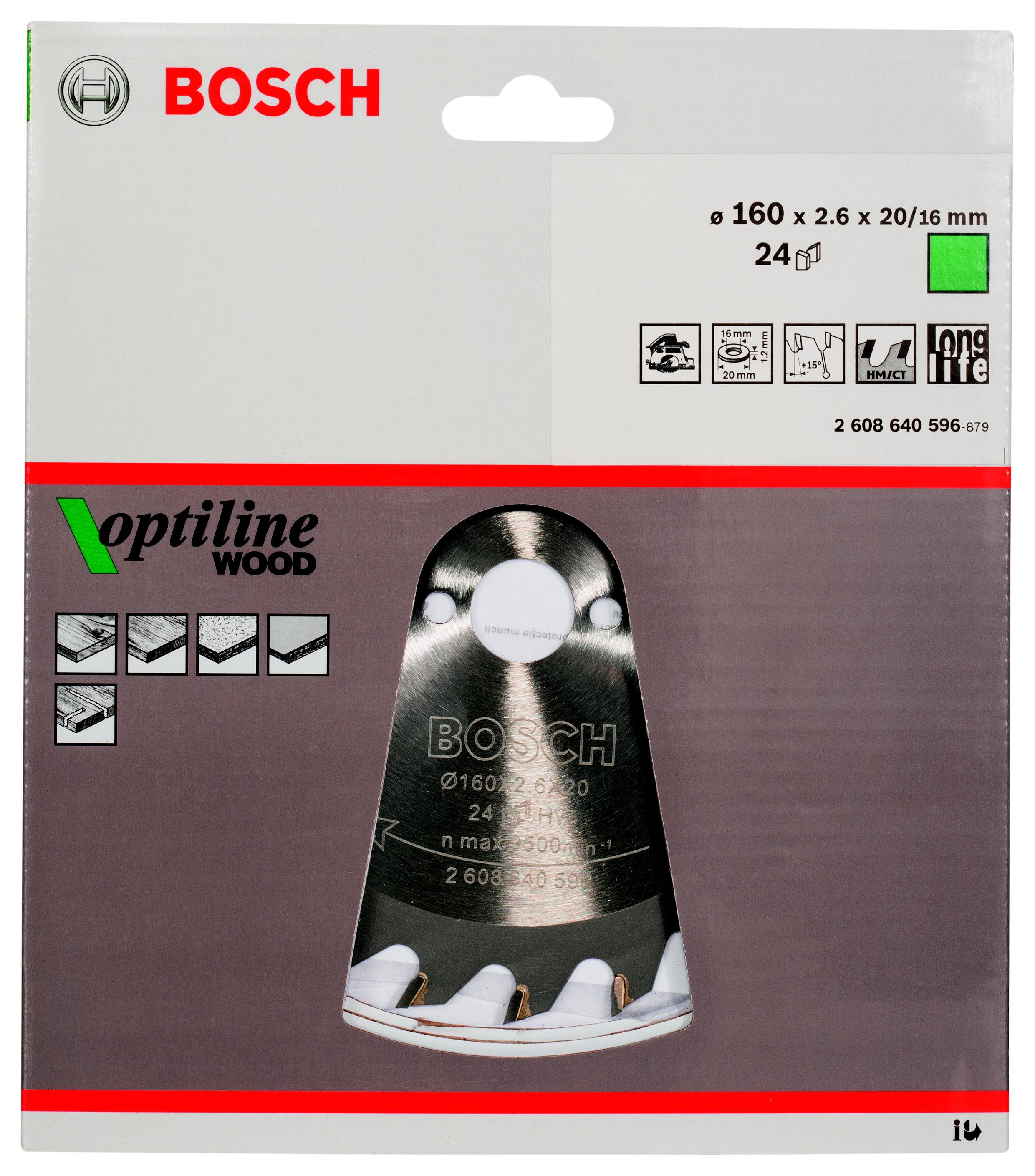 фото Диск пильный твердосплавный bosch ф160х20мм 24зуб. (optiline wood 2.608.640.596)