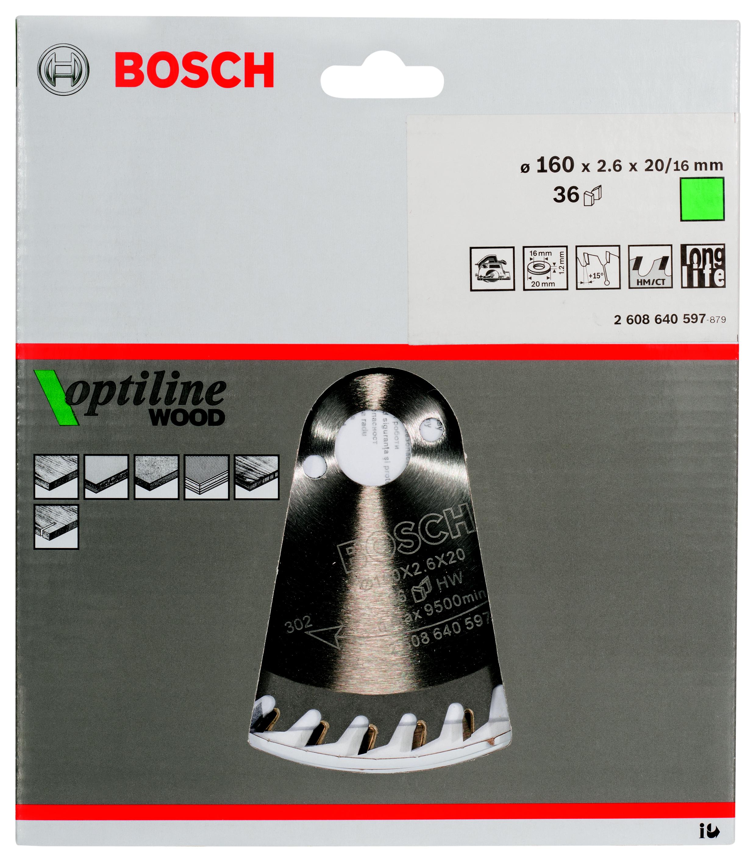 фото Диск пильный твердосплавный bosch ф160х20мм 36зуб. (optiline wood 2608640597)