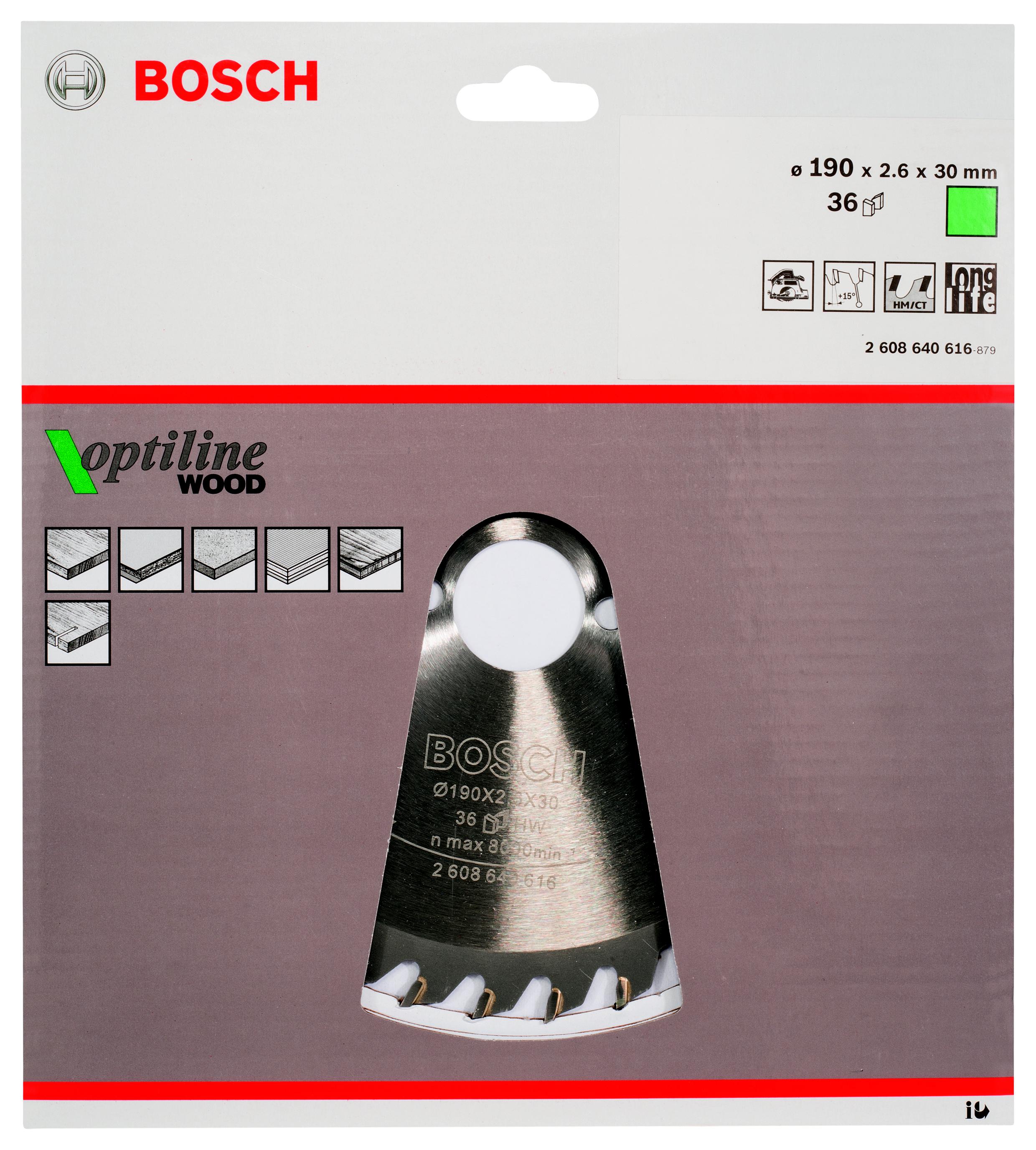 фото Диск пильный твердосплавный bosch ф190х30мм 36зуб. (optiline wood 2.608.640.616)