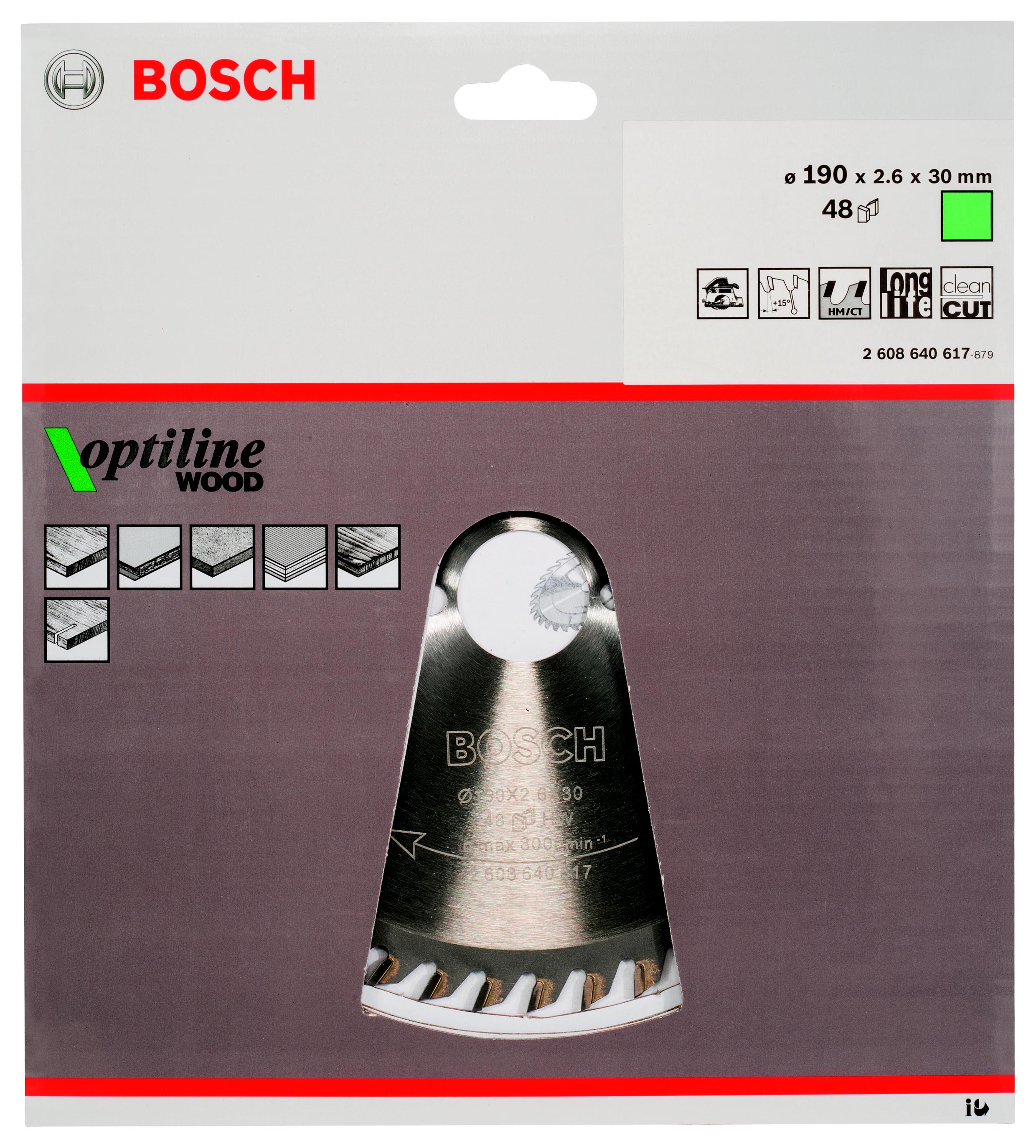 фото Диск пильный твердосплавный bosch ф190х30мм 48зуб. (optiline wood 2608640617)