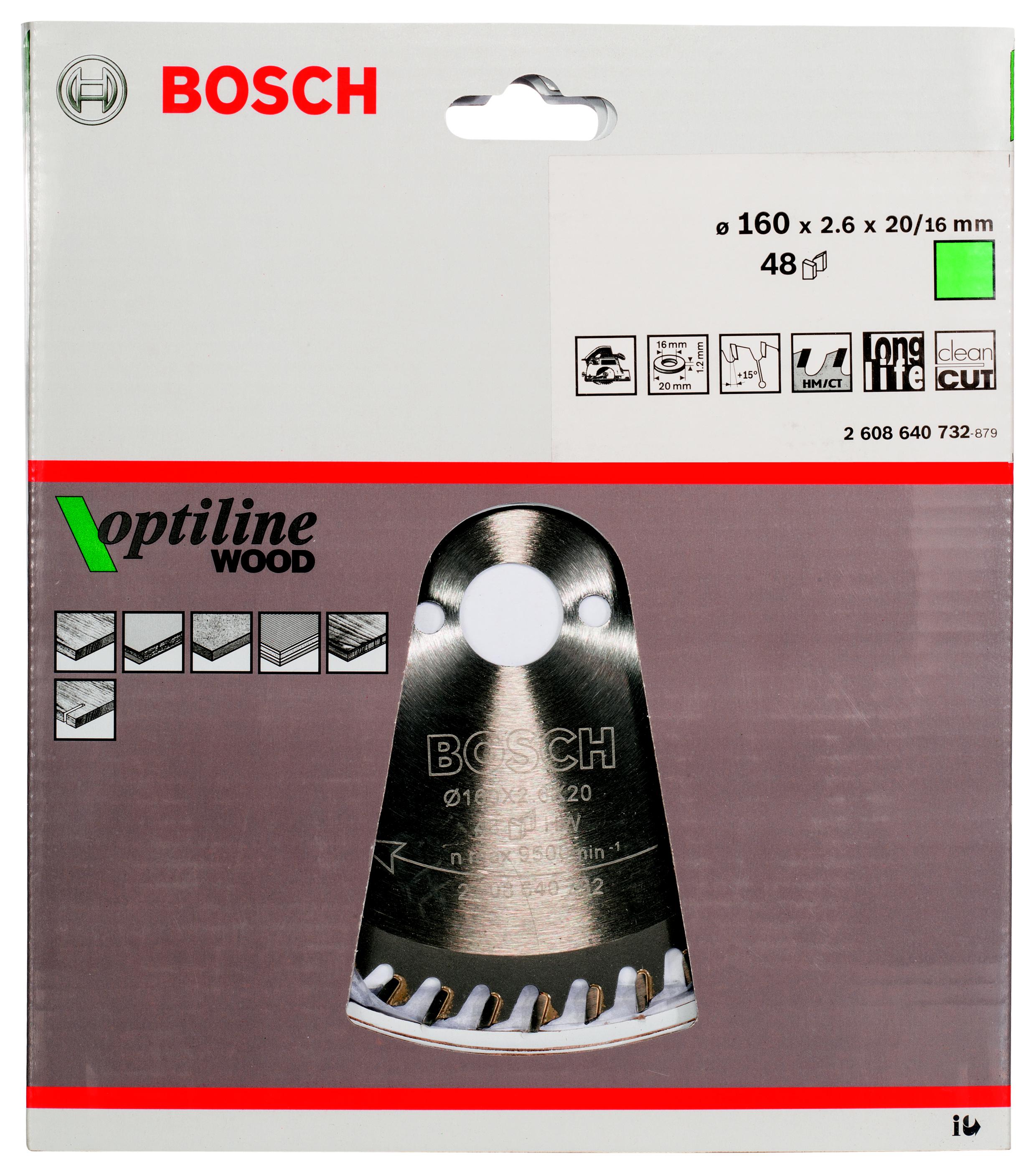 фото Диск пильный твердосплавный bosch ф160х20мм 48зуб. (optiline wood 2608640732)