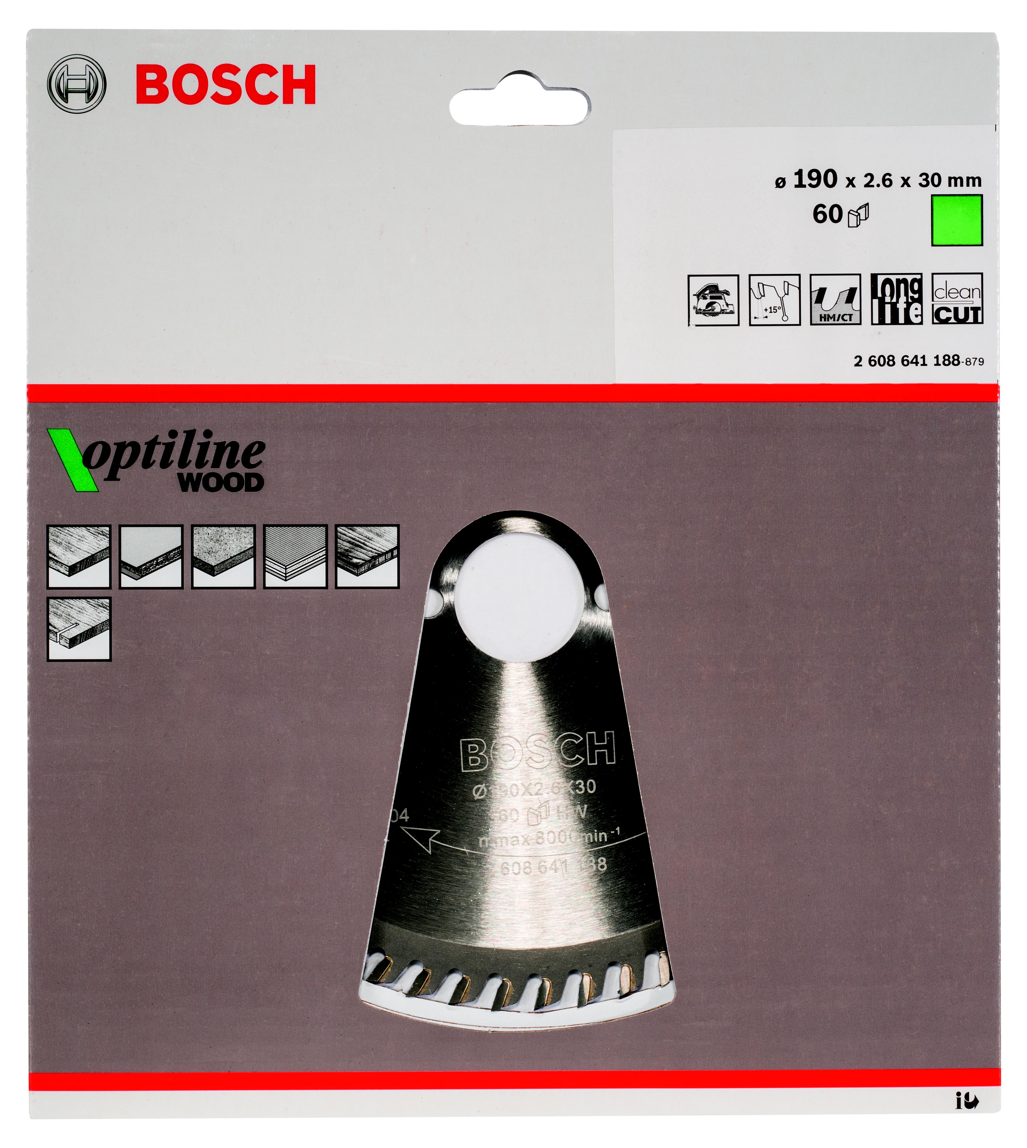 фото Диск пильный твердосплавный bosch ф190х30мм 60зуб. (optiline wood 2.608.641.188)